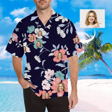 Custom Face Navy Blue Pink Flower Men's All Over Print Hawaiian Shirt