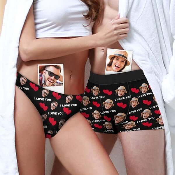 Custom Couple Matching Briefs Love Heart with Face Men's Boxer Briefs&Women's Classic Thong Design Your Own Gift