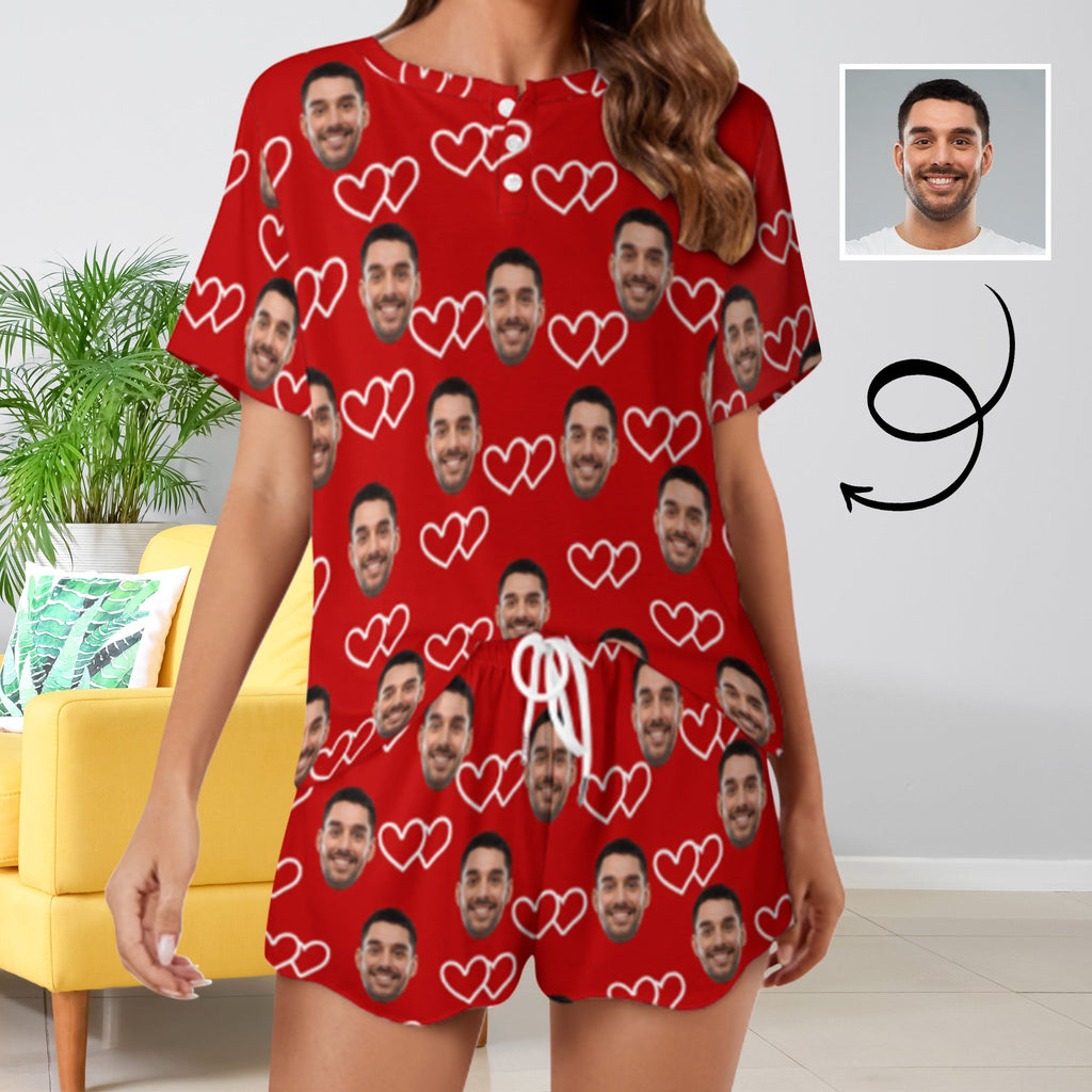 Custom Face White Line Heart Red Print Pajama Set Women's Short Sleeve Top and Shorts Loungewear Athletic Tracksuits