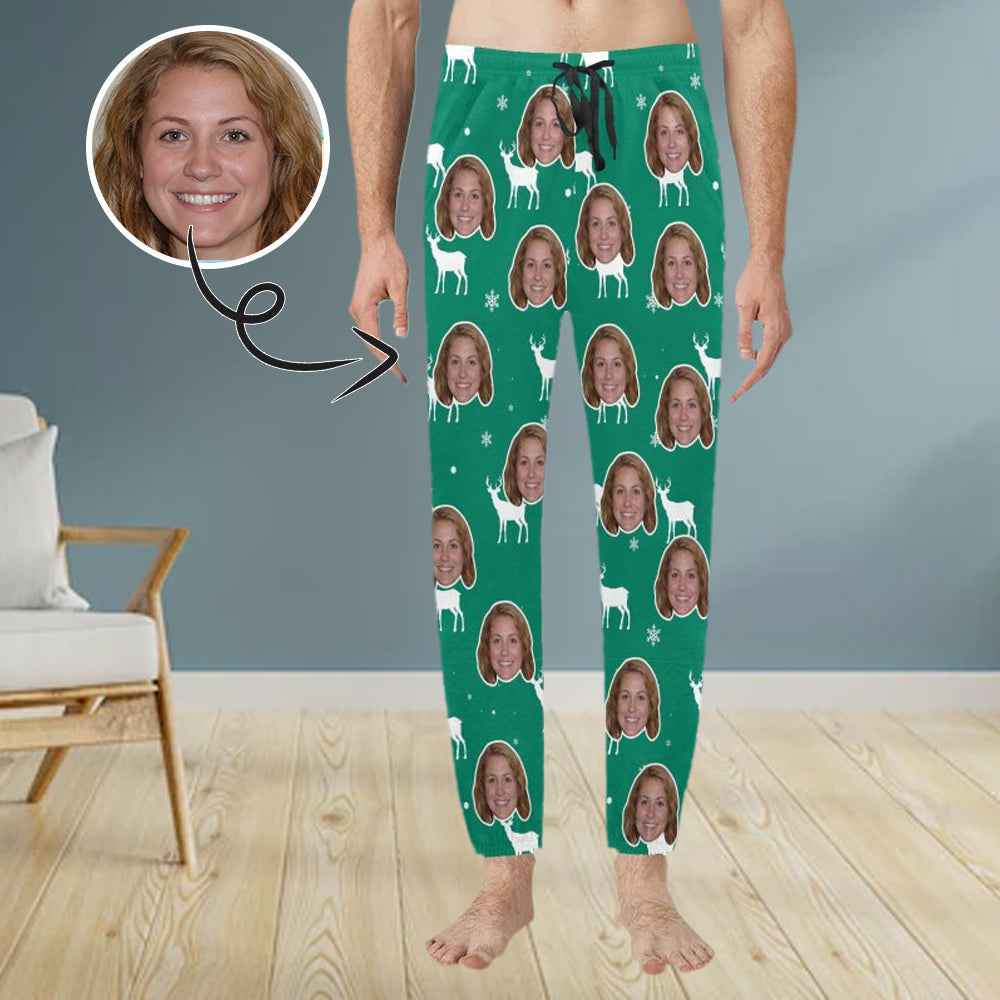 Custom Face Christmas Deer Green Sleepwear Personalized Men's Slumber Party Long Pajama Pants