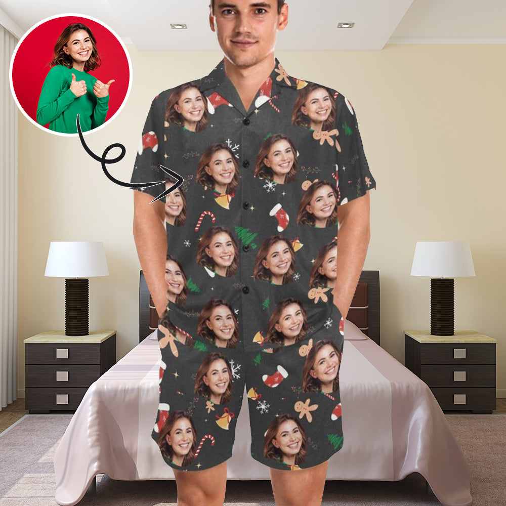 Personalized Pajamas Loungewear Custom Face Christmas Men's V-Neck Short Pajama Set