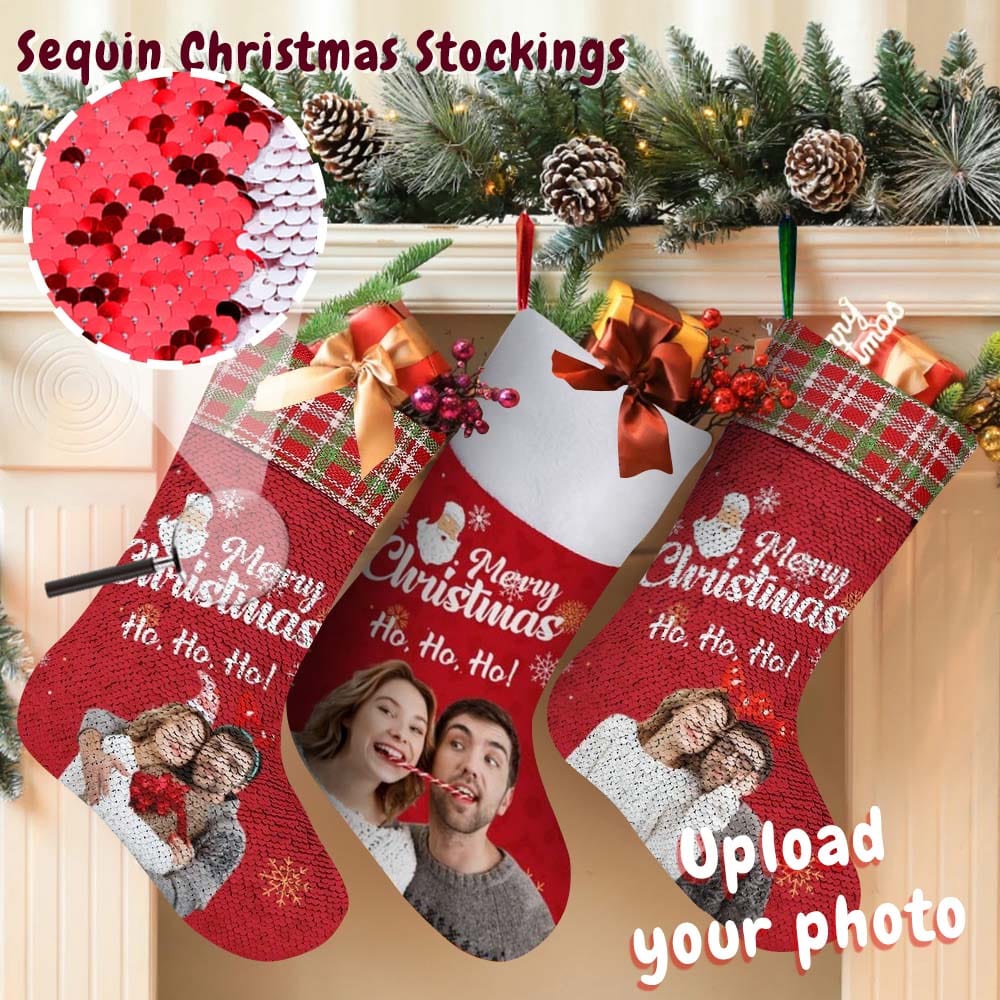 Custom Photo Couple Red Merry Personalized Christmas Sequin Socks
