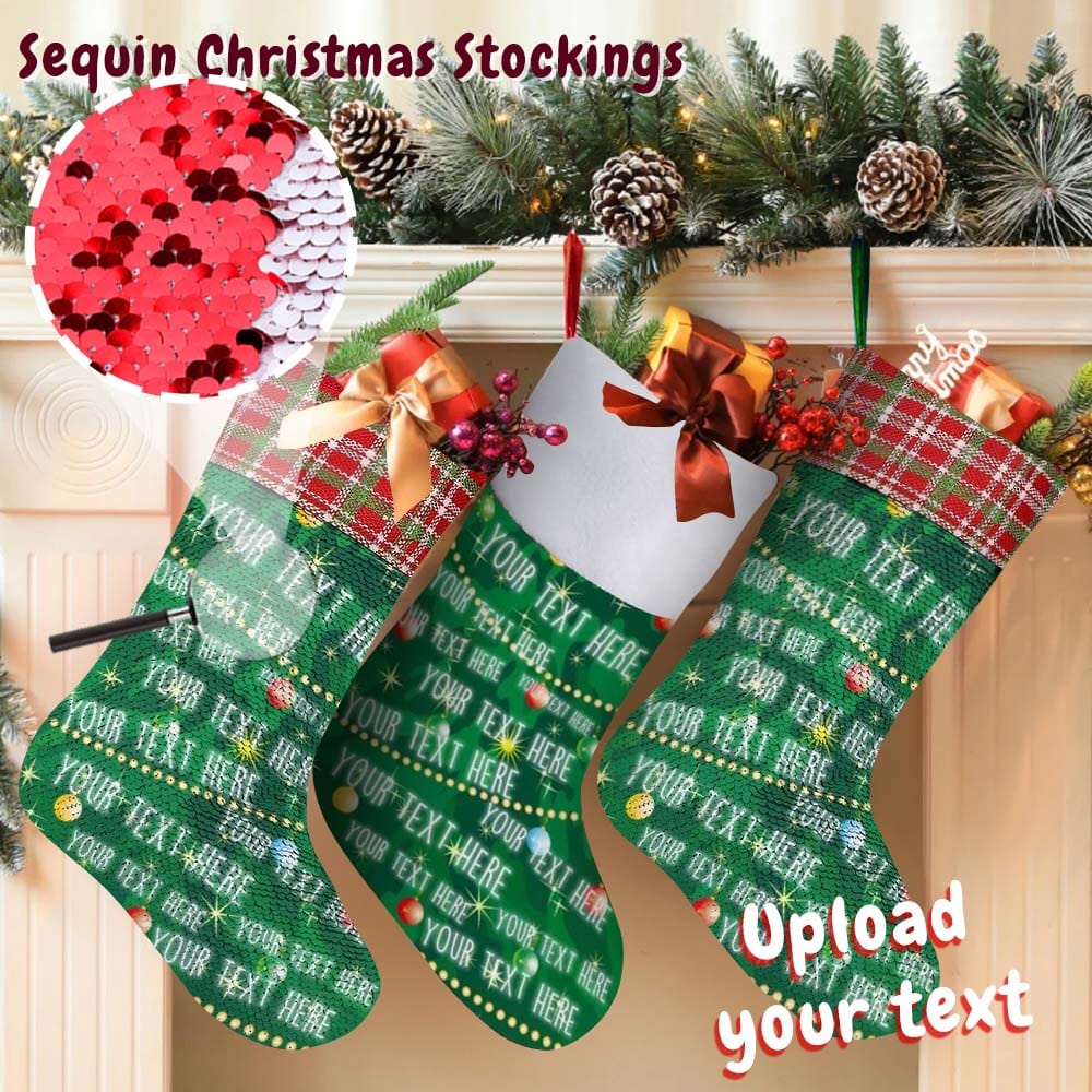 Custom Text Green Background Christmas Ornaments Sequin Socks