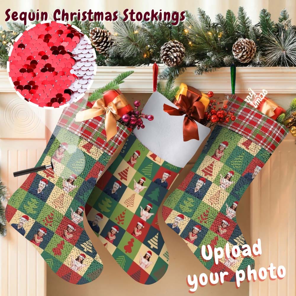 Custom Family Face Christmas Tree Lattice Christmas Sequin Socks