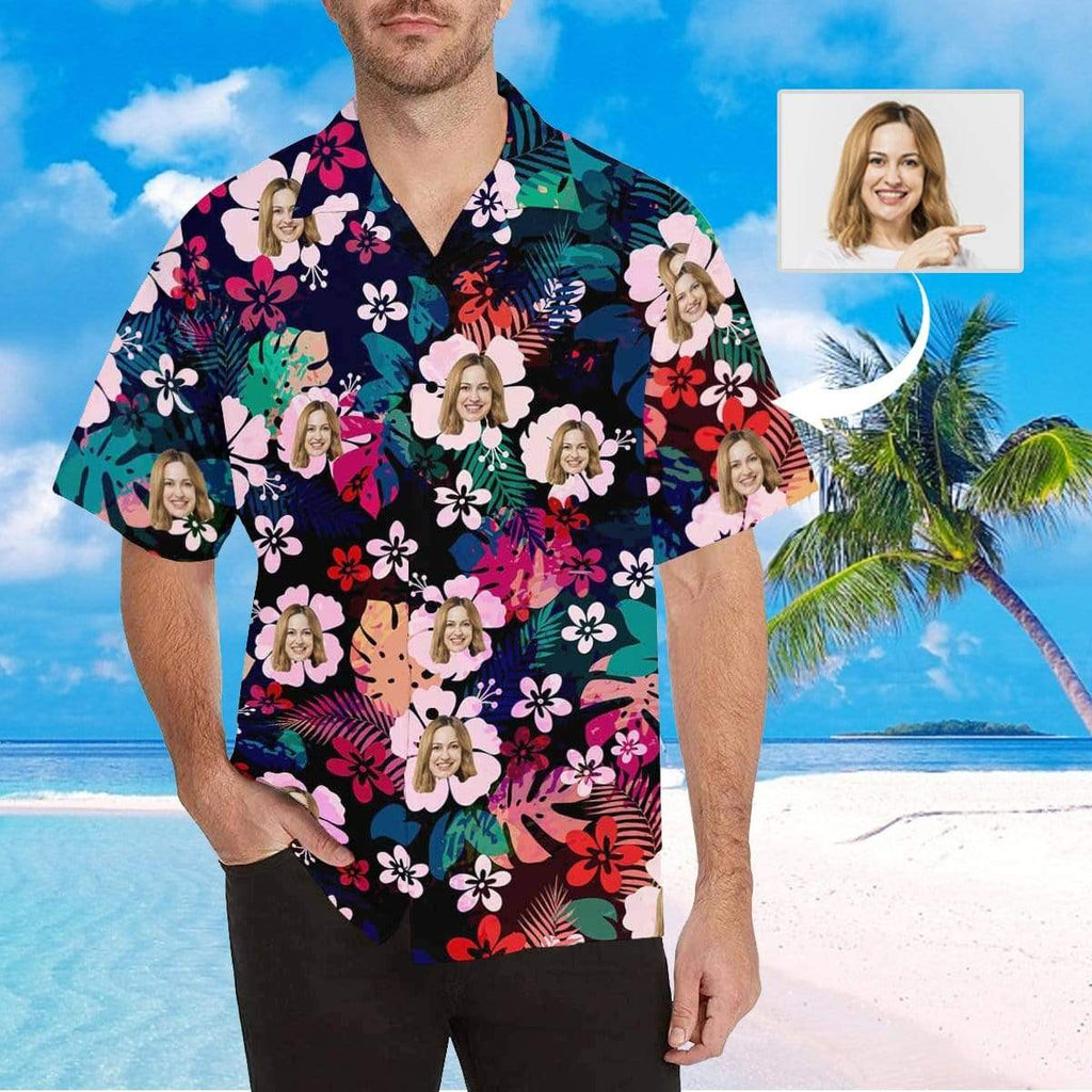 Custom Face Colorful Flowers Pink&Red Men's All Over Print Hawaiian Shirt