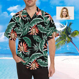 Custom Face Dark Green Leaves Red Flower Men's All Over Print Hawaiian Shirt