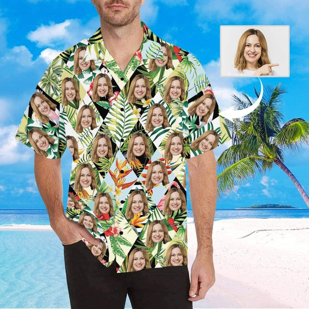 Custom Face Green Grid Plants Men's All Over Print Hawaiian Shirt