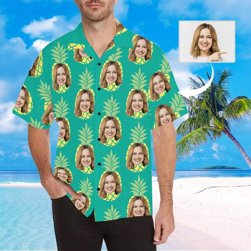 Custom Face Green Pineapple Girlfriend Men's All Over Print Hawaiian Shirt