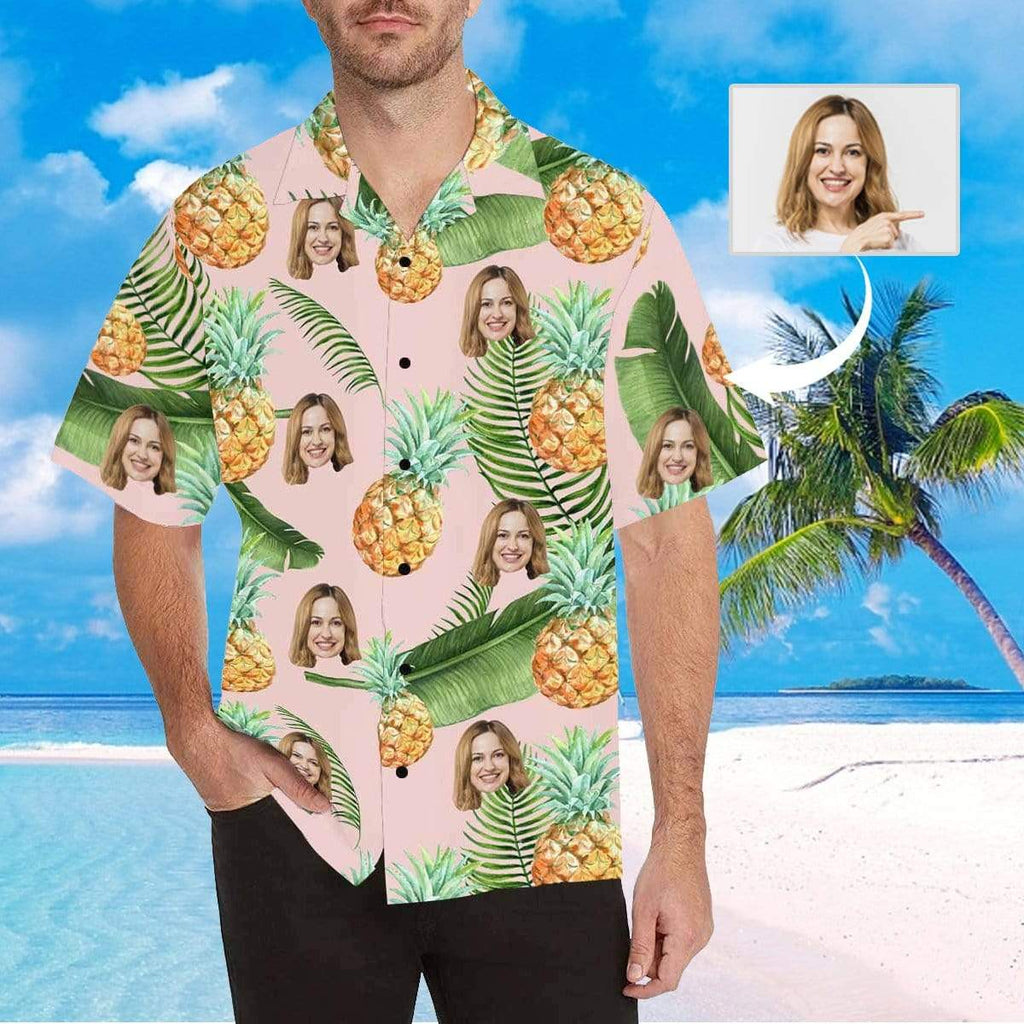 Custom Face Pink Backgroud Yellow Pineapple Men's All Over Print Hawaiian Shirt