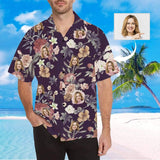 Custom Face Purple Background White Flower Men's All Over Print Hawaiian Shirt