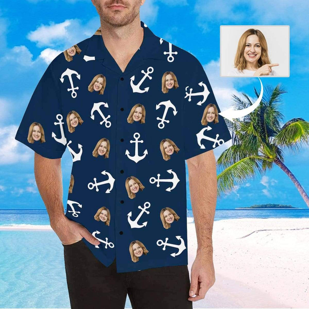 Custom Face White Anchor Men's All Over Print Hawaiian Shirt