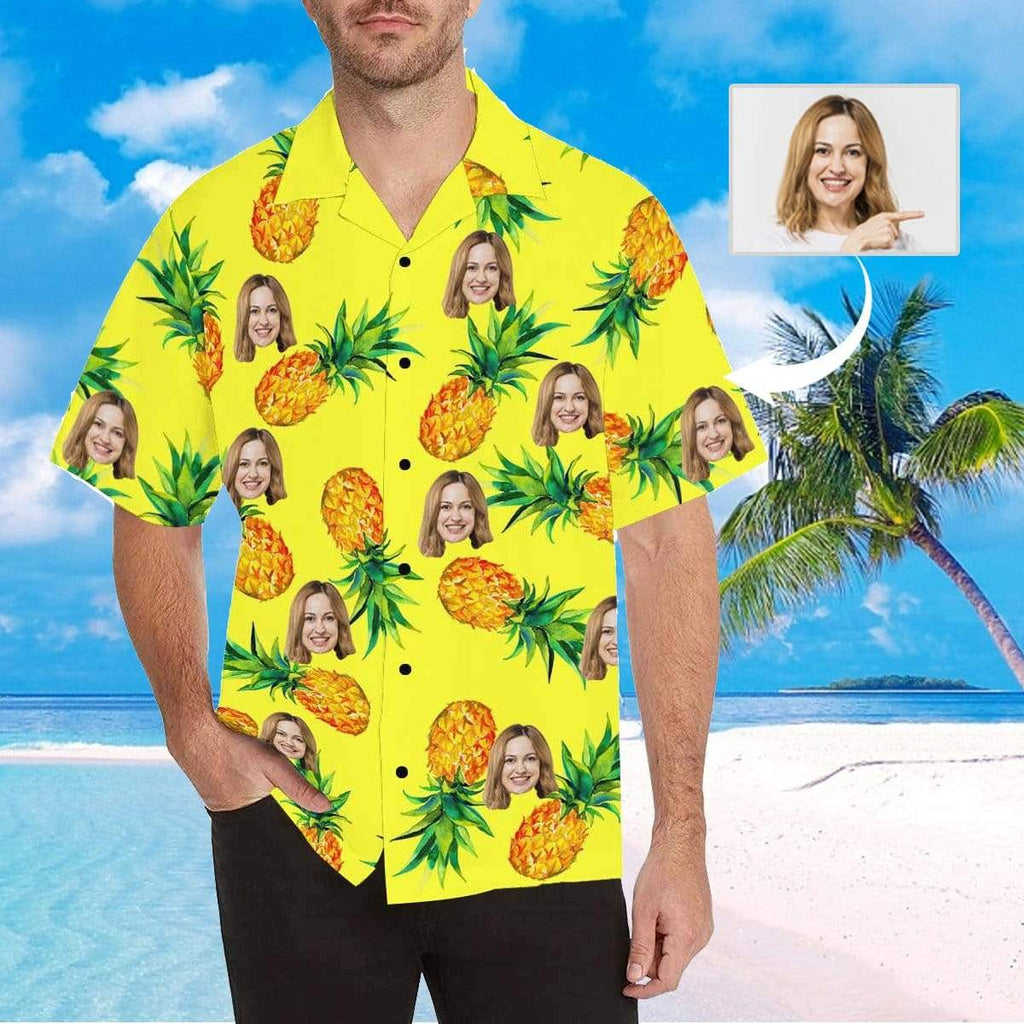 Custom Face Yellow Pineapple Green Leaves Men's All Over Print Hawaiian Shirt