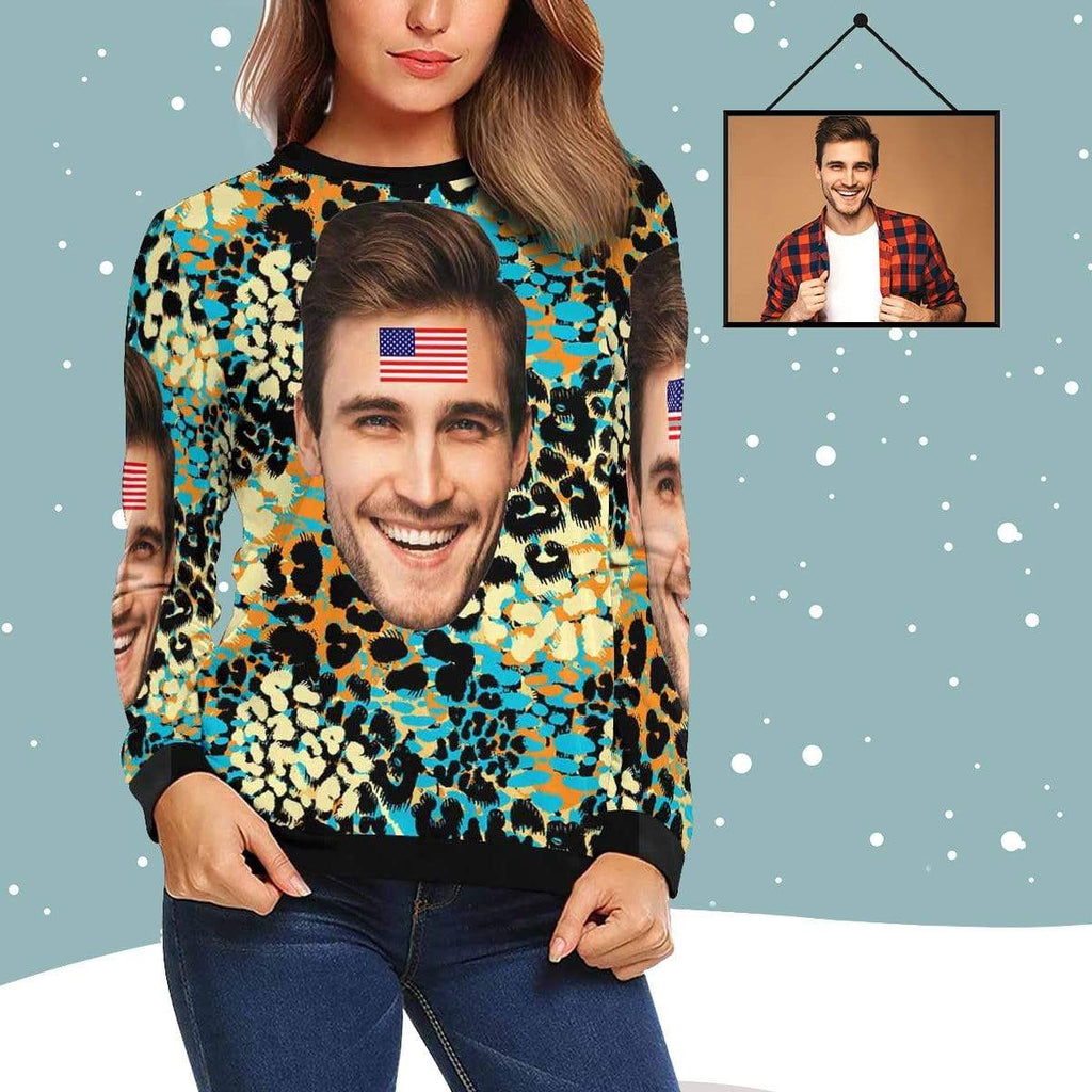 Custom Face Leopard Women's All Over Print Crewneck Sweatshirt