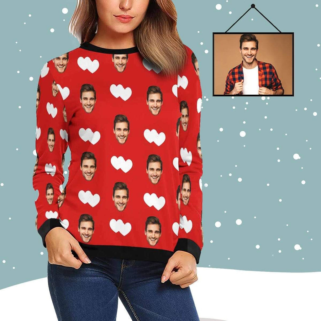 Custom Face Red Love Women's All Over Print Crewneck Sweatshirt