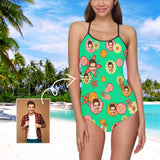 Custom Face Flower Green Women's Slip One Piece Swimsuit