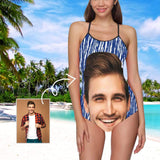 Custom Face White Blue Women's Slip One Piece Swimsuit