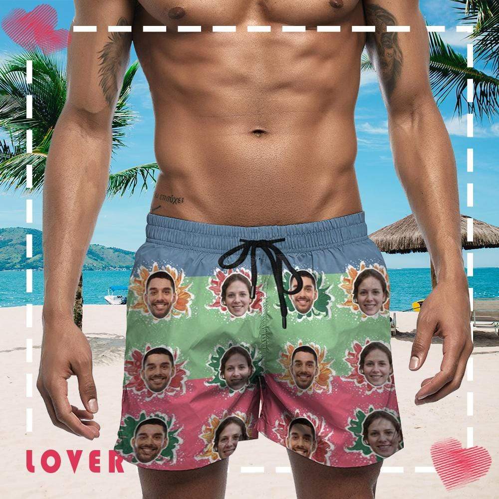 Mybestboxer Swimwear Custom Face Colorful Flowers Quick-Dry Swim Trunks Men's Bathing Suit