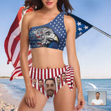 Custom Face Eagle White&Red Stripes Stars One Shoulder Tie Crop Top Swimwear Women's Bathing Suit