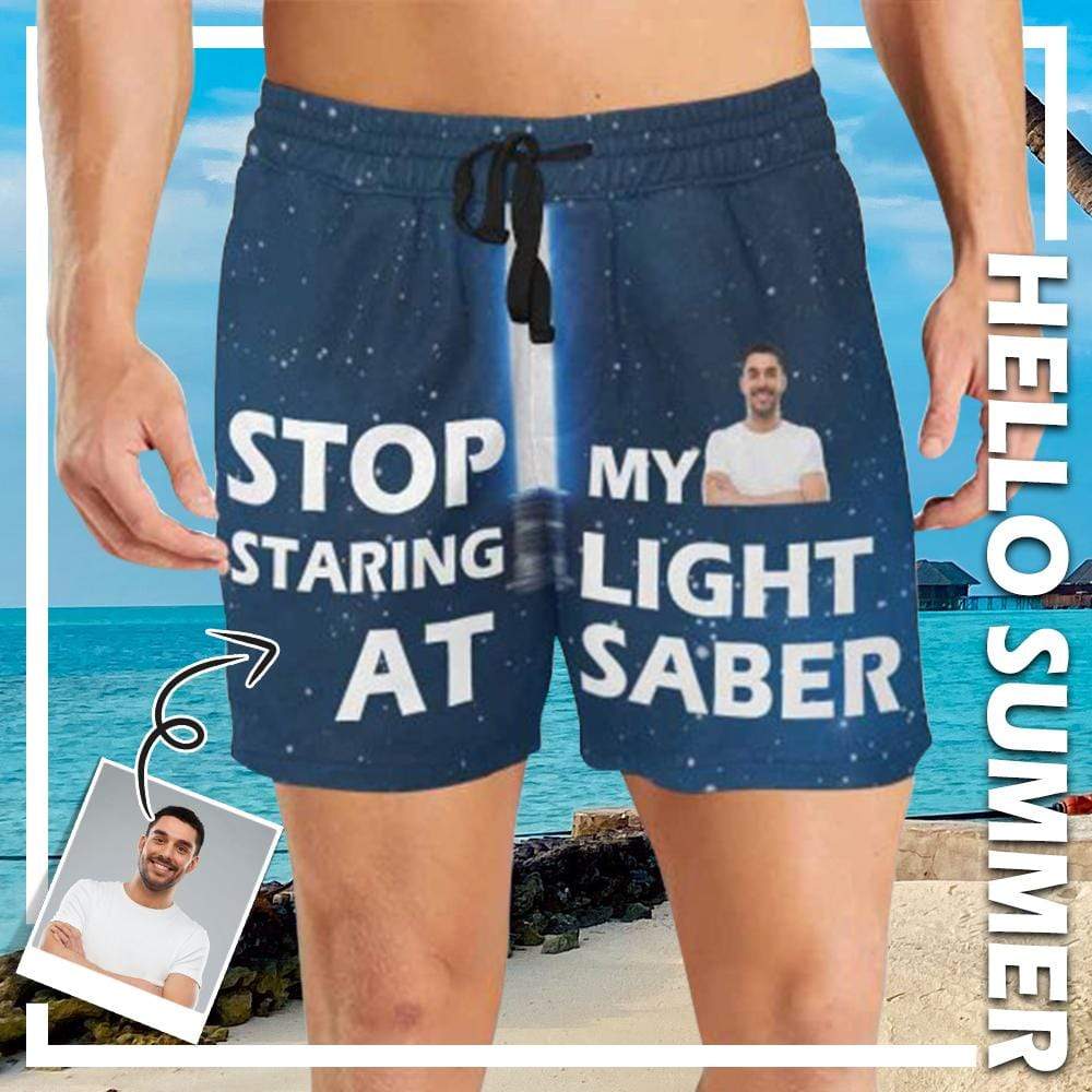 Mybestboxer Swimwear Custom Photo Stop Staring At My Light Saber Men's Mid-Length Casual Shorts