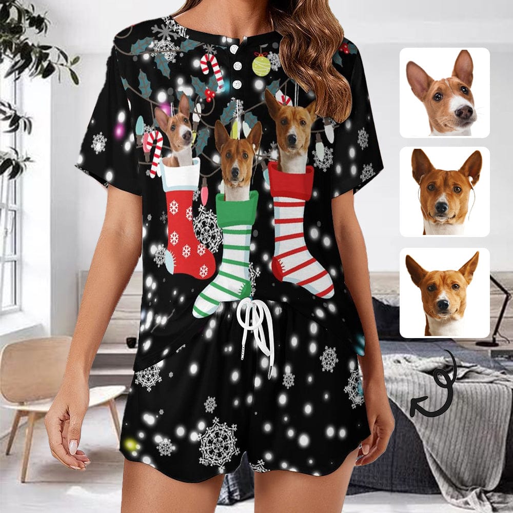 Custom Pet Face Dog Christmas Socks Pajama Set Women's Short Sleeve Top and Shorts Loungewear Athletic Tracksuits