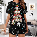 Custom Pet Face Christmas Dog Tree Black Pajama Set Women's Short Sleeve Top and Shorts Loungewear Athletic Tracksuits