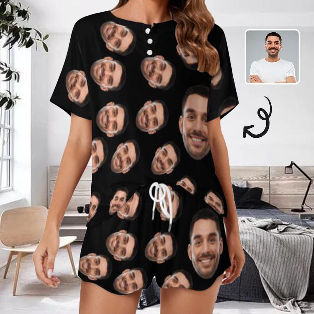 Custom Face Black Pajama Set Women's Short Top and Shorts Loungewear