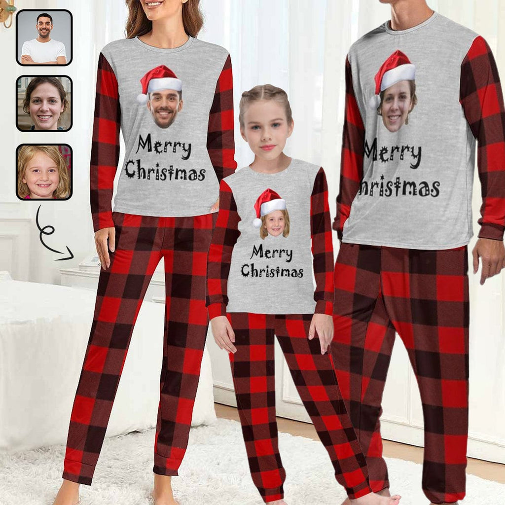 Custom Face Red Plaid Christmas Hat Family Matching Long Pajama Set