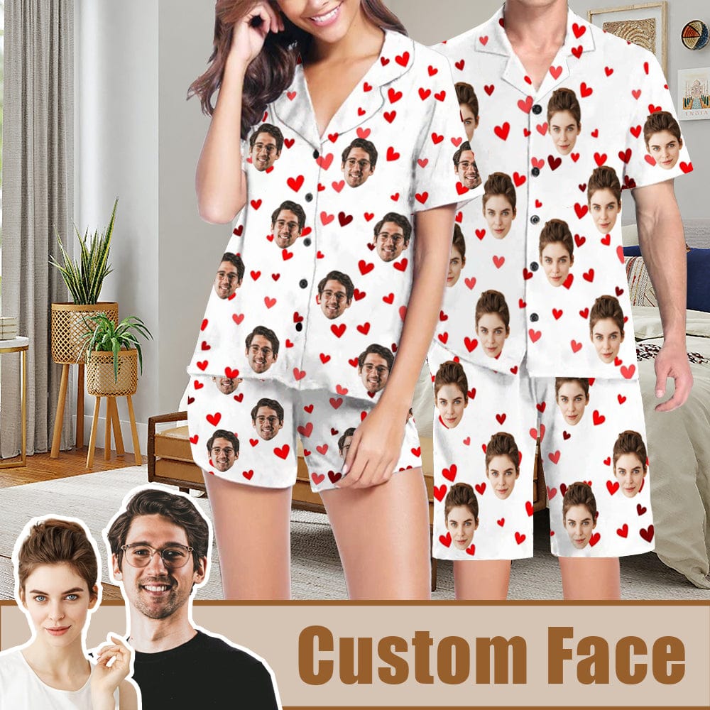 Custom Face Couple Pajamas Red Love Couple Matching Short Pajama Set