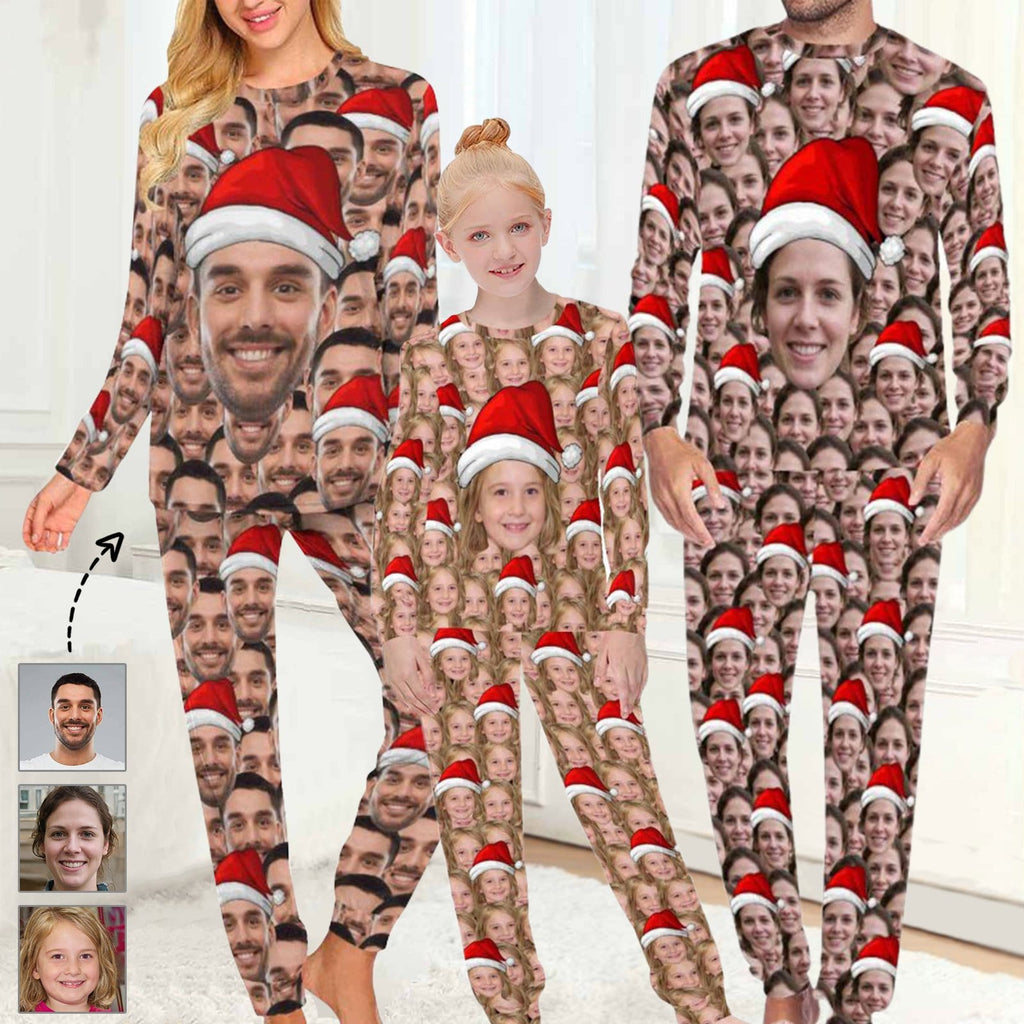 Custom Face Seamless Christmas Hat Family Matching Long Pajamas Set