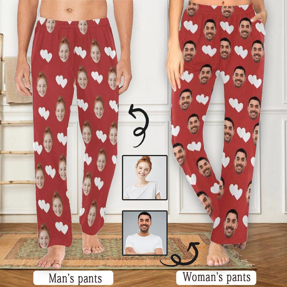Custom Couple Face White Hearts Women's&Men's Long Pajama Pants