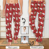 Custom Couple Face White Hearts Red Background Sleepwear Personalized Women's&Men's Slumber Party Long Pajama Pants