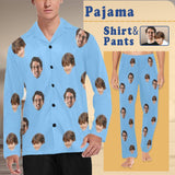 Pajama Shirt&Pajama Pants-Custom Face Pajamas Blue Solid Color Men's Sleepwear Personalized Photo Men's V-Neck Long Pajama Set