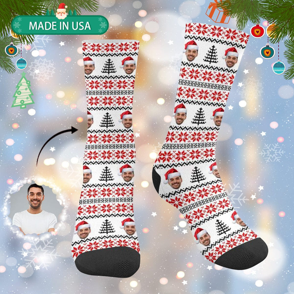 Custom Face Sublimated Crew Socks Red Pattern Personalized Photo Socks