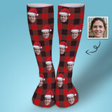 Custom Christmas Face Socks Red Plaid Personalised Face Printed on Socks Sublimated Crew Socks Christmas Gifts