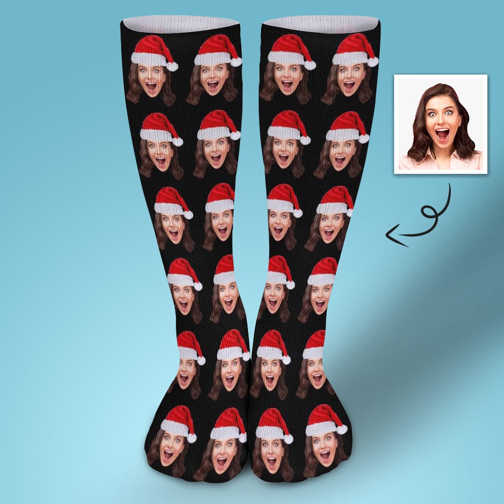 Custom Christmas Face Socks Christmas Hat Black Personalised Crew Socks