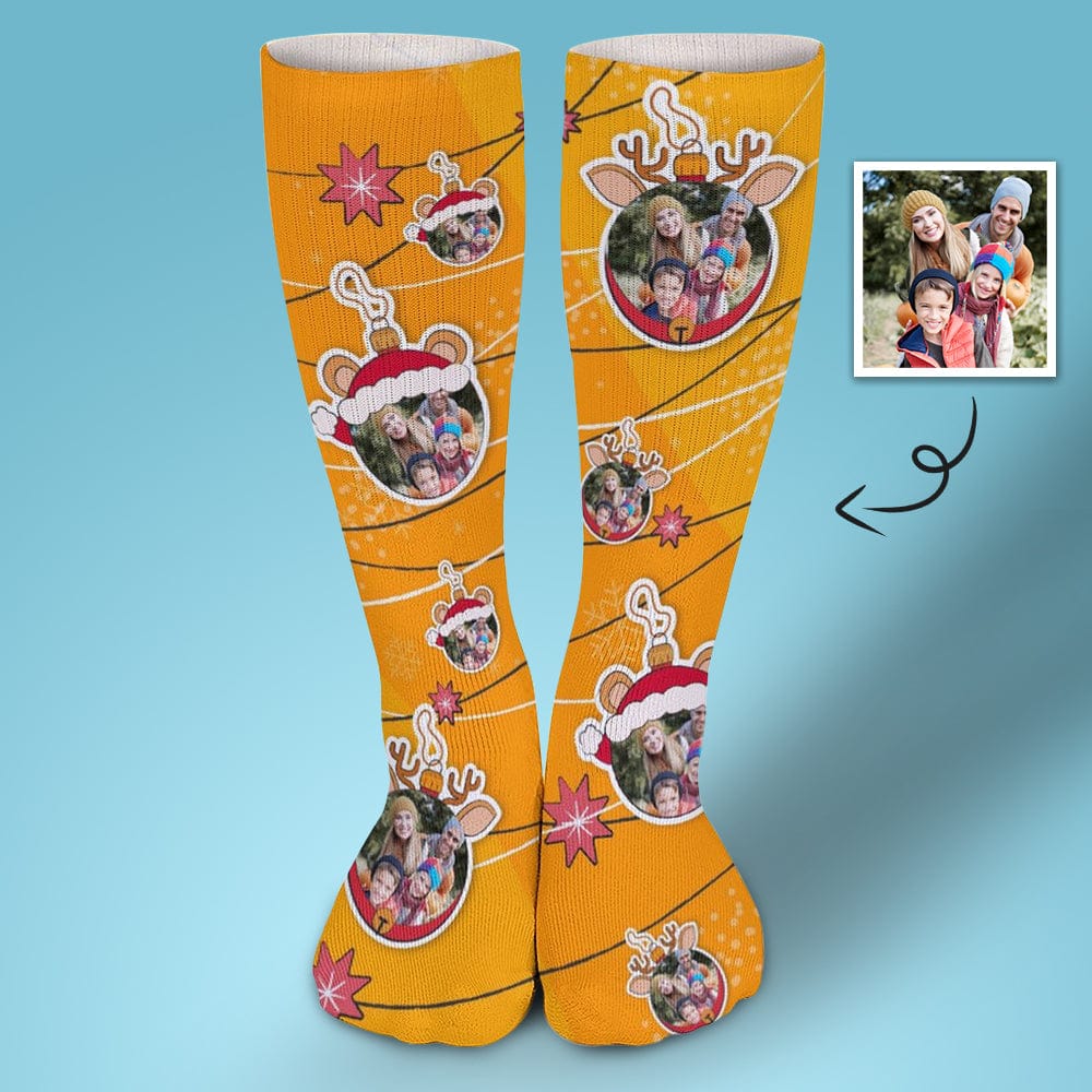 Custom Photo Line Yellow Sublimated Crew Socks Personalized Funny Photo Socks Gift for Christmas