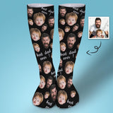 Fathers Day Socks With Custom Dad Kid Face Black Background Personalized Sublimated Crew Socks Gift For Australian Father's Day
